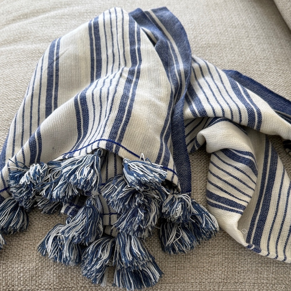 Striped and tassel wool scarf blue and off white